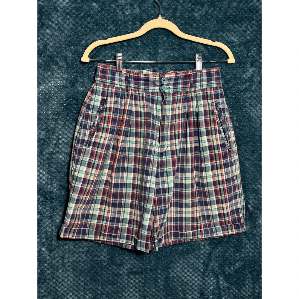 Vintage High Waisted Plaid Pleated Shorts Teal Navy Red Multi Color Check